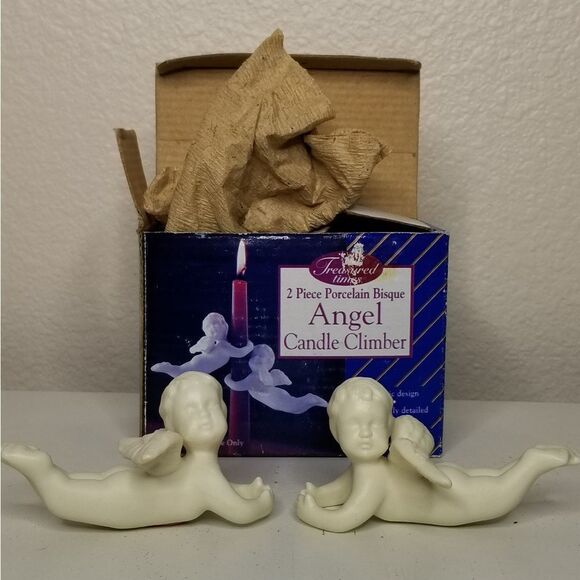 TREASURED Times 2 Piece Porcelain Bisque Angel Candle Climber Matte White Finish - Picture 5 of 6